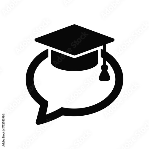 Black icon of a graduation cap inside of a speech bubble shape