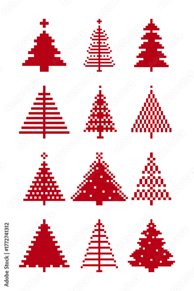 Obraz premium Christmas and New Year. Christmas trees ethnic pattern. Christmas ethnic pixel pattern with set of pine trees collection in silhouette for winter hats, ugly sweaters, fabric, gift, motif and jumper.