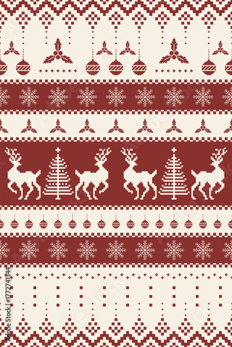 Wallpaper Mural Christmas and New Year.  Christmas seamless ethnic pattern. Christmas ethnic pixel pattern with Nordic flowers, reindeers, pine trees, baubles, bell, present for winter hats, ugly sweaters and jumper. Torontodigital.ca