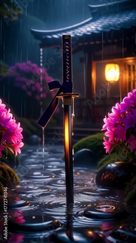 Sword Stabbed into Water Surrounded by Pink Flowers and Rainy Setting