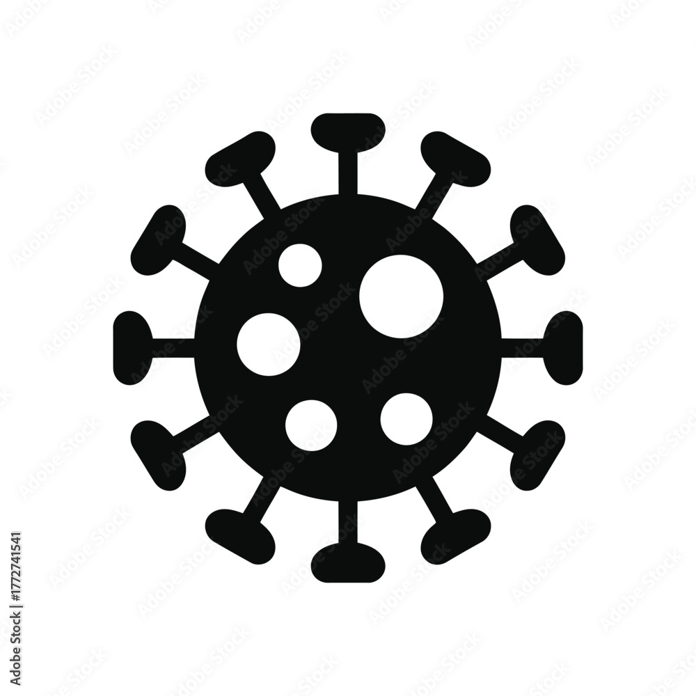 Fototapeta premium Black icon of virus cell with white spots on white background