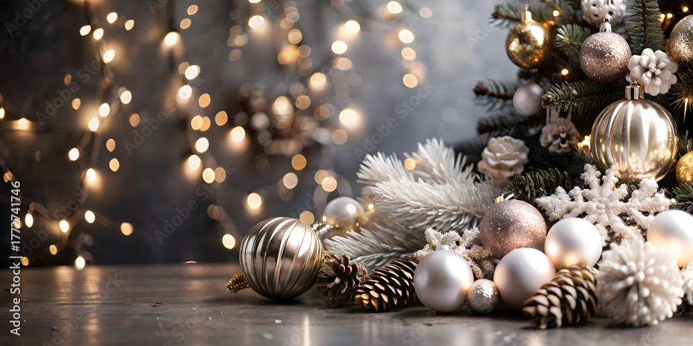Obraz premium Cozy Christmas background for cosmetics, holiday theme, Christmas tree decorations, gifts, pine cones, candles, free space for goods
