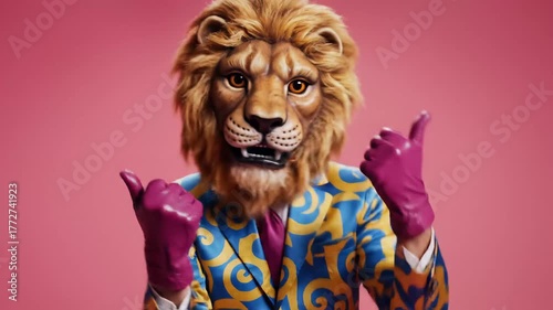 Person in highly detailed lion mask and flamboyant blue and yellow swirl-patterned suit with pink tie and gloves, standing with arms outspread against a magenta background, surreal fashion