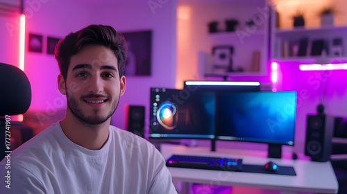 Smiling man in white shirt sitting at colorful RGB computer setup
