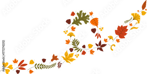 Vector illustration of a wind wave composed of autumn leaves. Light and dynamic composition conveys the movement of the autumn wind and the atmosphere of the warm season. Ideal for background images
