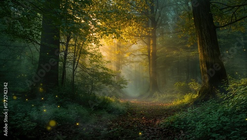 Fantasy artwork of an enchanting glowing forest, digital depiction of a mysterious misty woods