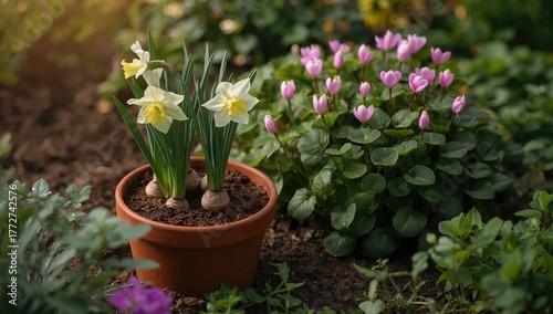 Daffodil bulbs are being placed into soil alongside a cyclamen plant in a garden environment, seasonal change