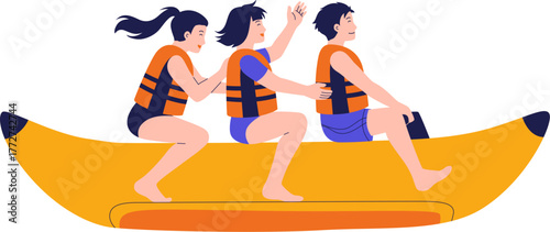 Three People Riding Banana Boat Water Sport Illustration