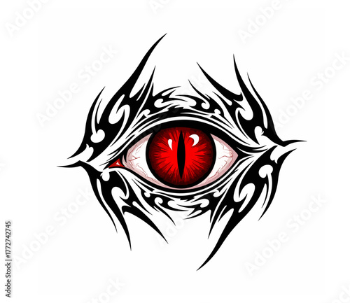 An intense, glowing red eye with a vertical reptilian pupil glares from within a frame of intricate, spiky black tribal tattoo patterns.