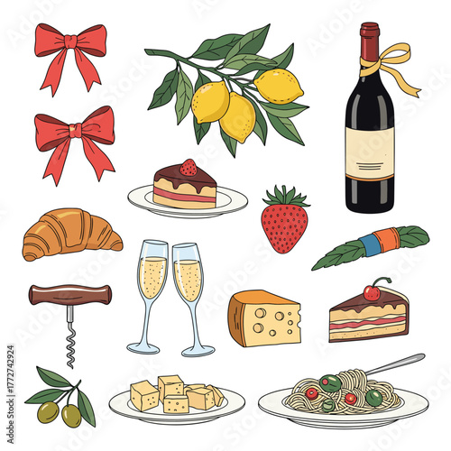 A delightful collection of gourmet food and drink items arranged for a celebratory occasion or picnic, beautifully illustrated in a hand-drawn style.