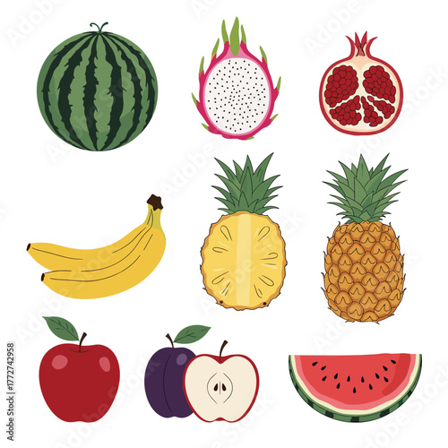 A vibrant collection of colorful fruits including watermelon, banana, pineapple, dragon fruit, pomegranate, apples, and plums, presented in a playful illustration style.