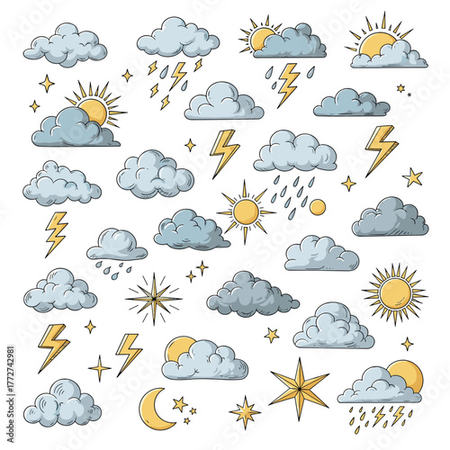 A colorful doodle collection of various weather icons including sun, clouds, rain, lightning, stars, moon, and snowflakes, perfect for illustrations and designs.