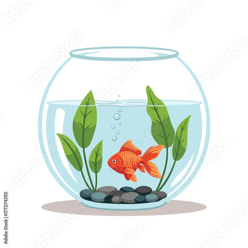 A vibrant orange goldfish swims peacefully in a round glass fishbowl with green plants and pebbles at the bottom, creating a serene aquatic scene.