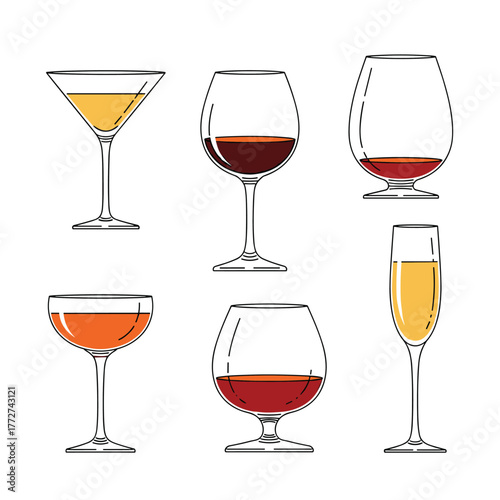 A collection of elegant glassware featuring various alcoholic beverages, including wine, cocktails, and spirits, presented in a hand-drawn style.