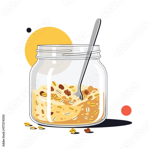 A glass jar filled with overnight oats and a spoon, presented as a healthy breakfast or snack option, with a minimalist aesthetic.