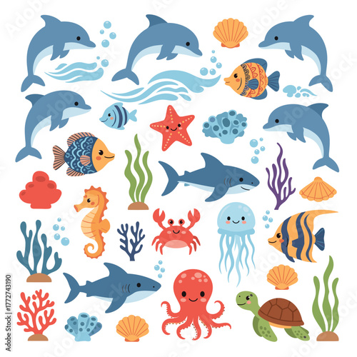 Colorful cartoon illustration of various marine life including dolphins, fish, sharks, coral, and other sea creatures in a playful underwater scene.