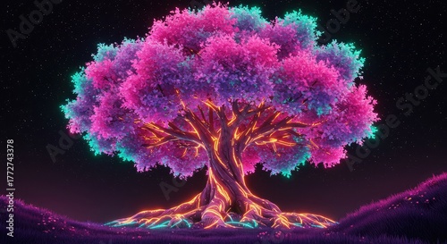 Stunning neon tree glows in the night, creating a magical landscape perfect for fantasy lovers and vibrant designs with a touch of whimsical beauty and wonder