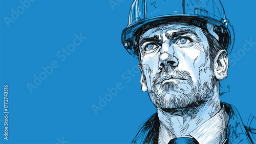 Professional Drawing of Man in Blue Uniform and Hard Hat for Project Site Visuals