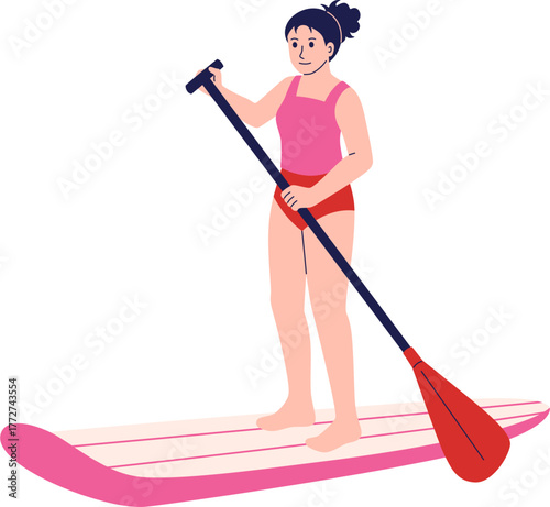 Woman Paddleboarding Water Sport Activity Illustration