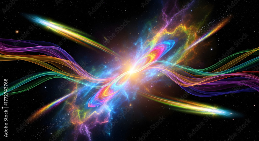 Naklejka premium Energy Burst in the Cosmos: A dynamic interplay of vibrant beams of light creates a mesmerizing cosmic scene, filled with energy. It's a colorful spectacle of creation.