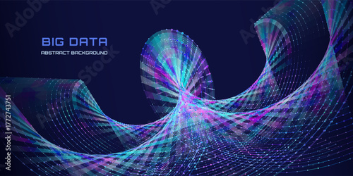 Abstract grid helix from color polygons in dark cyberspace. Futuristic wortex shape wireframe connecting dots.