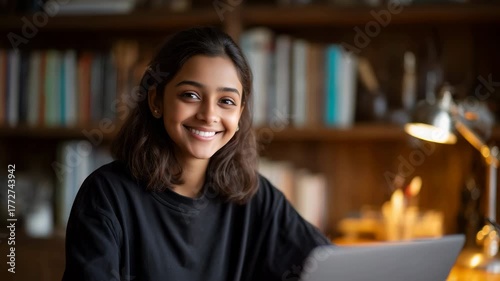 Smiling Indian Student Looking Up from Laptop in Cozy Home Library generative ai