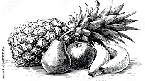 Vibrant Vector Drawing of Pineapple, Banana, and Various Fruits