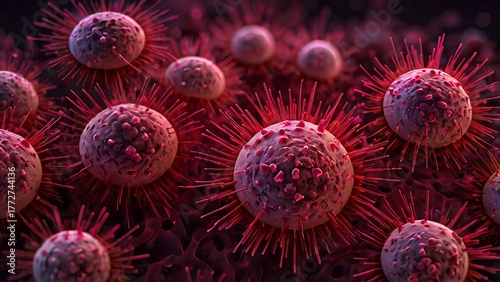 Dense Field of Spiked Pathogens - Vibrant Microscopic 3D Rendering of Viral or Cancer Cell Growth