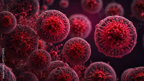 Floating Cluster of Red Virus or Cancer Cells - Detailed 3D Microscopic view of Viral Outbreak