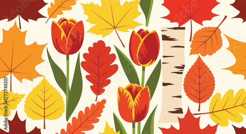 An illustration of autumn leaves and tulips, with a birch tree trunk, arranged in a decorative pattern.