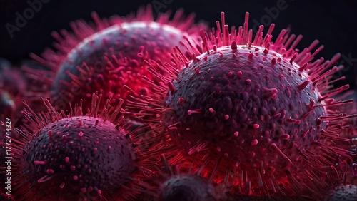 Vibrant Pink Virus or Cancer Cells with Spikes - Abstract 3D Microscopic Pathogen Background