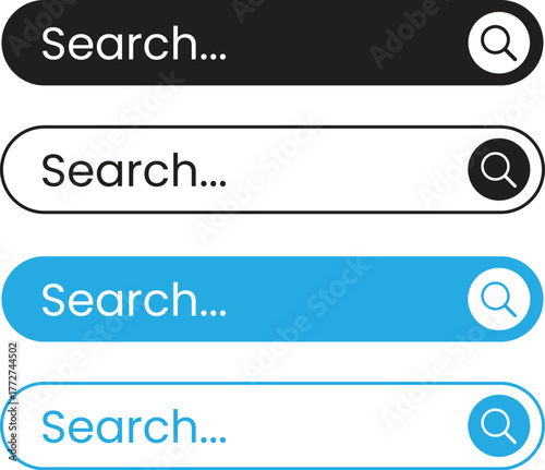 Flat search bar vector icon set with magnifying glass in solid and outline styles for web and UI design