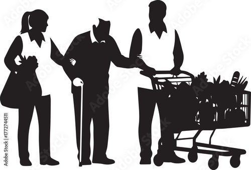 Diverse group helps elderly man with groceries a symbol of community and support