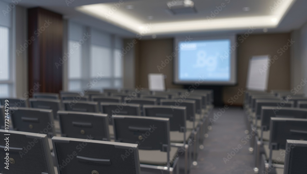 Obraz premium Blurred View of Vacant Conference Space with Chair Arrangements and Projector Screen, suitable for corporate presentations