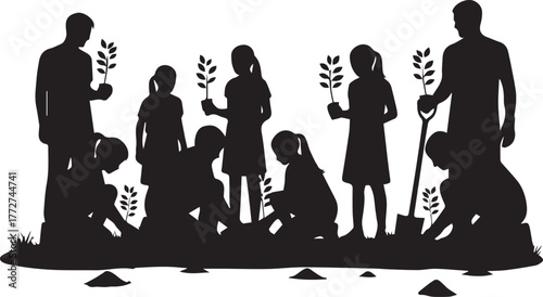 Diverse group of children and adults planting saplings for environmental sustainability on international volunteer day