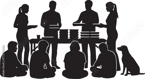 International volunteer day diverse group assisting people and animals silhouette scene