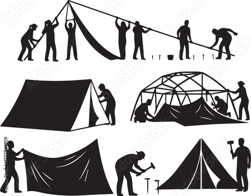 International volunteer day silhouettes setting up tents for camp
