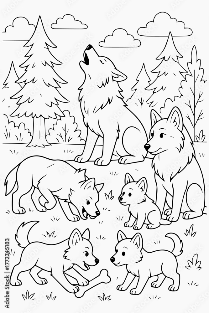 Naklejka premium Wolf Pack Coloring Page Wolves in a Forest Scene for Creative Fun