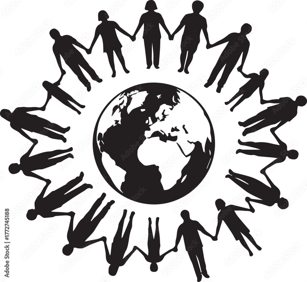 Obraz premium Diverse people holding hands in circle around planet earth celebrating international volunteer day unity