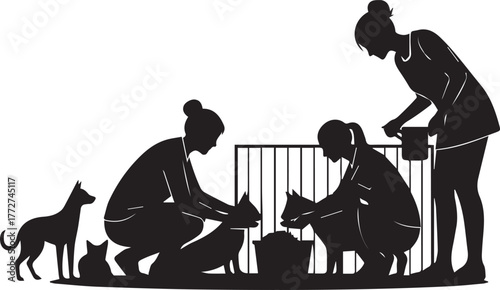 International volunteer day people caring for animals in shelter and feeding them