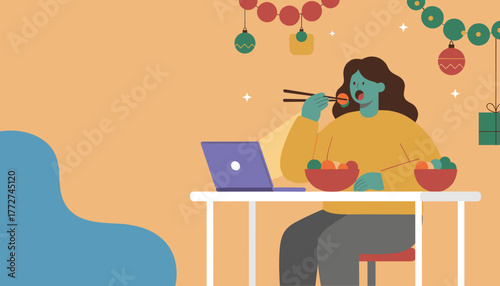 Illustration of woman eating takeaway food using laptop during remote holiday celebration