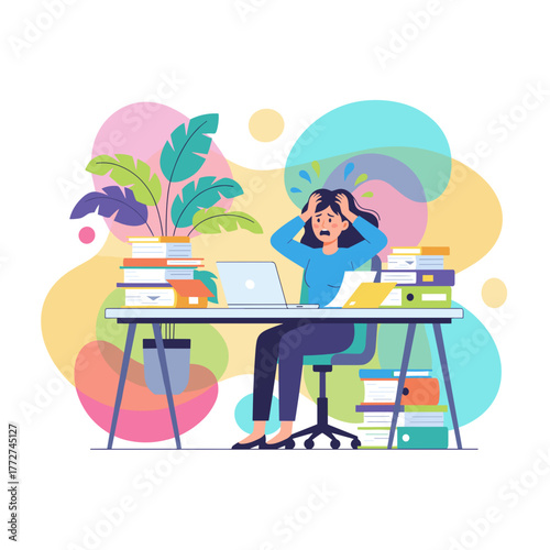 Stressed woman panics under work pressure buried in files at office desk Overload concept