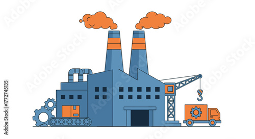 Flat vector illustration of an industrial factory production facility and logistics operation