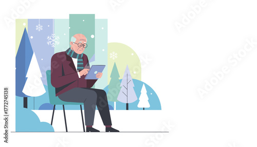 Elderly man using digital tablet device while sitting in abstract winter forest connectivity concept