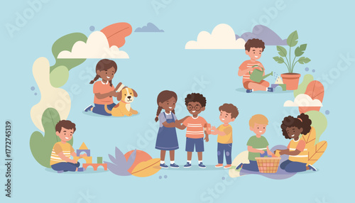 Diverse children cooperating playing and caring for petsplants Childhood development concept