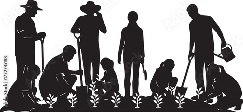 Diverse group of volunteers actively planting seedlings together in outdoor garden scene