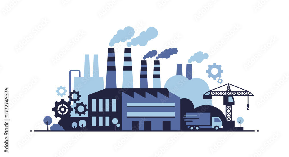 Obraz premium Industrial factory illustration with smokestacks gears crane and truck Manufacturing and logistics