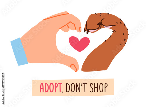 Human hand and a pet paw form a heart shaped gesture. Adopt, don't shop concept. Animal adoption. Flat illustration.