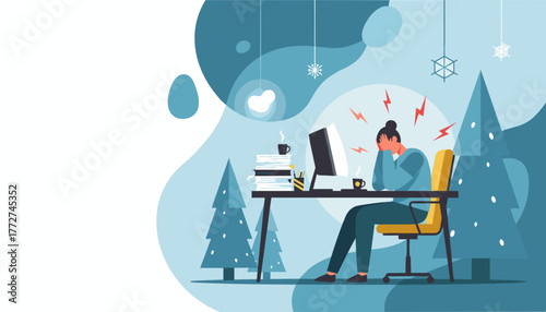 Stressed worker suffers burnout at desk among excessive papers and winter scenery