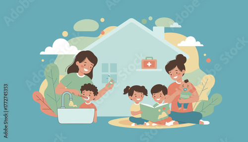 Happy family illustration Mothers caring for children teaching hygiene reading and nurturing at home